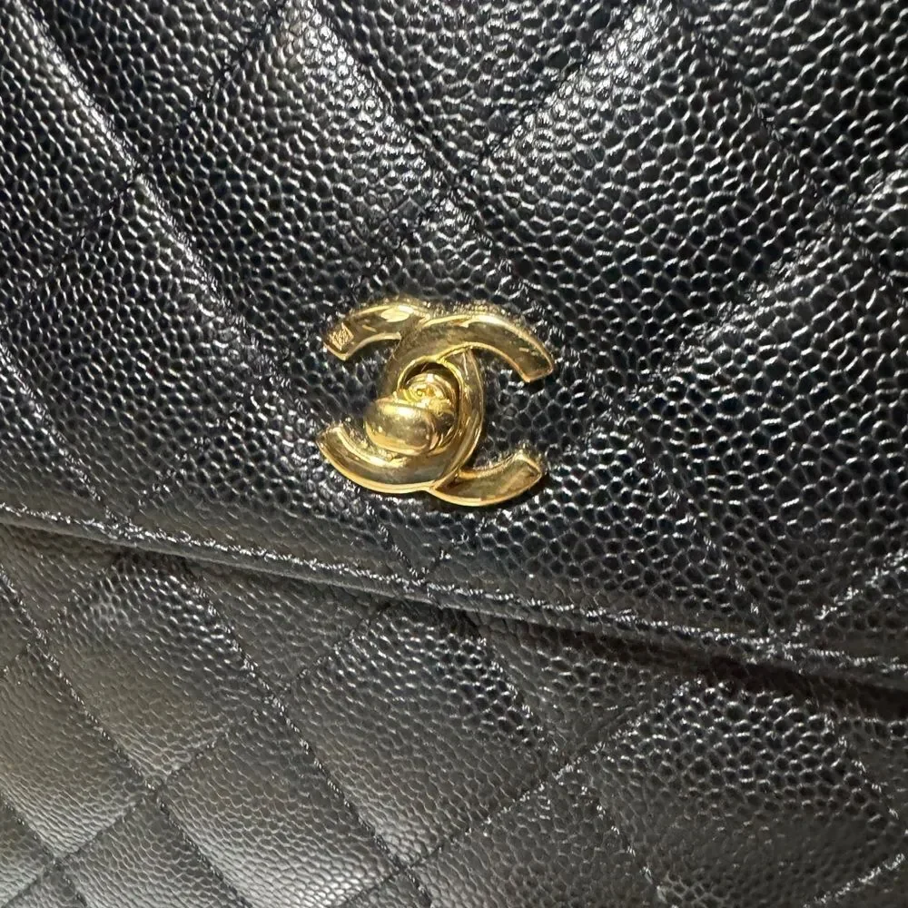 Chanel Black Caviar Quilted Leather Coco Mark CC Top Handle Flap Tote